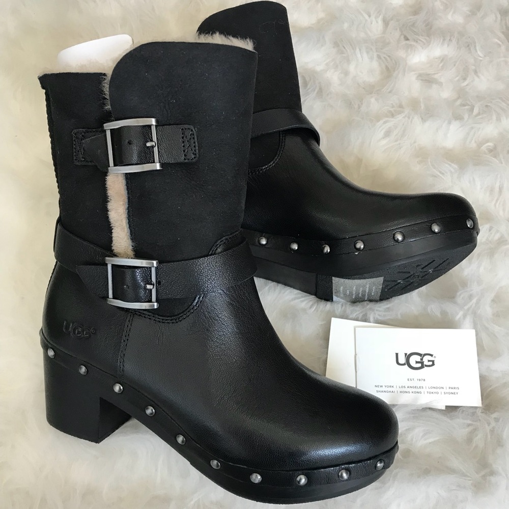 UGG Black Leather & Suede Shearling-Trim Studded Ankle Booties